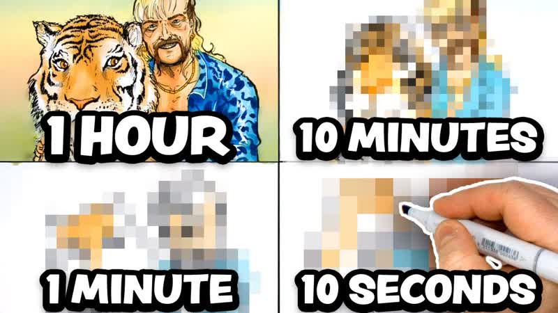 I Draw the TIGER KING ( Joe Exotic) in 1hour, 10min, 1min,