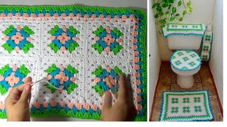 TAPETE DE BAÑO CON CUADROS TEJIDOS A CROCHET -  para set de baño